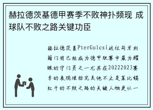 赫拉德茨基德甲赛季不败神扑频现 成球队不败之路关键功臣