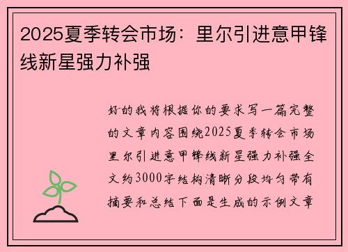 2025夏季转会市场：里尔引进意甲锋线新星强力补强