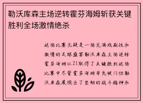 勒沃库森主场逆转霍芬海姆斩获关键胜利全场激情绝杀